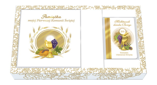 Pamiątka Pierwszej Komunii Świętej z modlitewnikiem i torebką prezentową.png